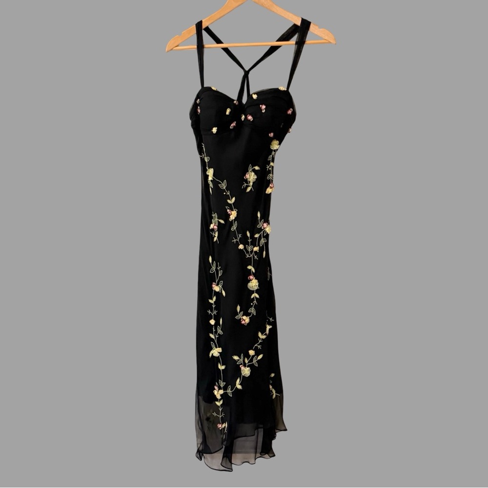 Scala Black Silk Floral Embroidery Strap Dress M